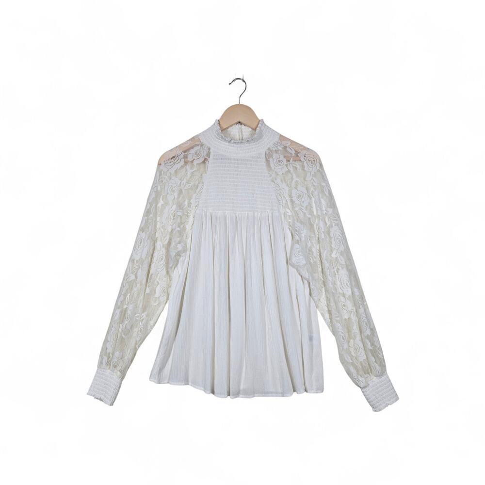 Venus Top sz XL Ivory Sheer Lace Sleeve High Neck Smocked Fairycore Ethereal